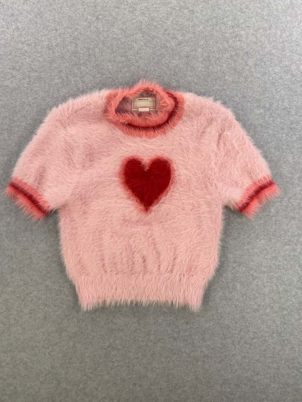 Kimchi Blue Fuzzy Heart Short Sleeve Sweater Pink Red